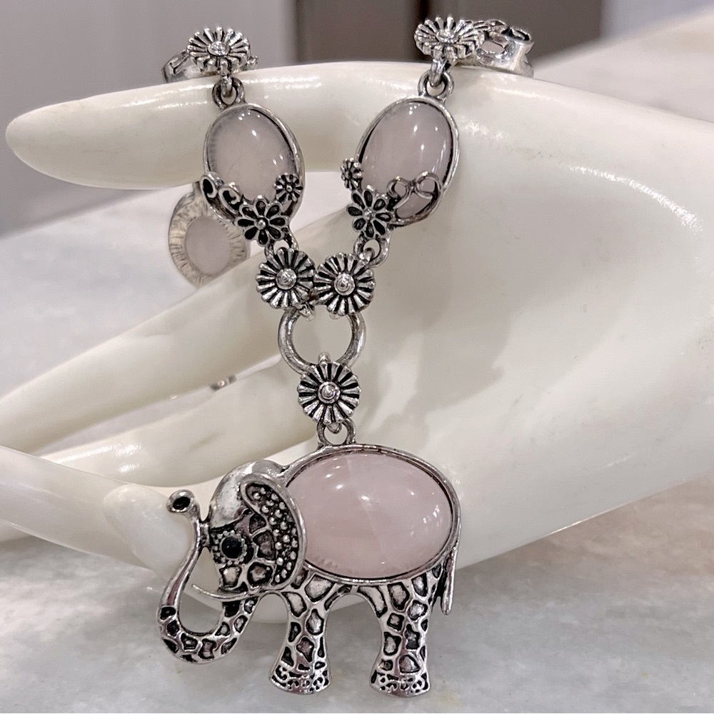 Galilea Quartz Black Oxidized Silvertone Elephant Floral Necklace